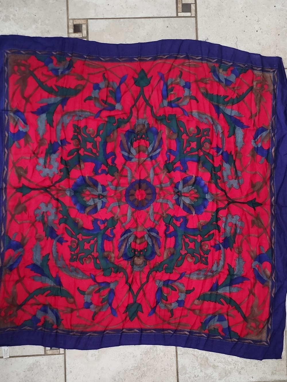 Vtg Made In Italy Vibrant Red Floral Silk-Feel Scarf Purple Border 33x33